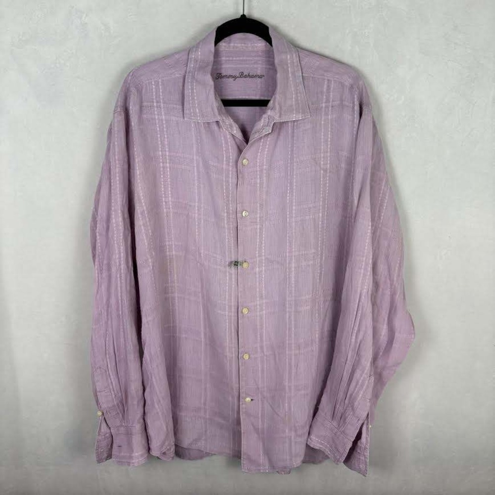 Tommy Bahama Mens XL Purple 100% Linen Plaid Long Sleeve Button Up Shirt Comfort